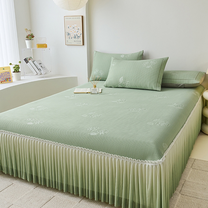 91家纺网 家纺一手货源 找家纺 梵克保罗 2025新款3D冰感床裙渐变色凉席-叶叶生歌 茶花之恋-水绿