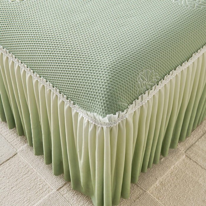 91家纺网 家纺一手货源 找家纺 梵克保罗 2025新款3D冰感床裙渐变色凉席-叶叶生歌 茶花之恋-水绿