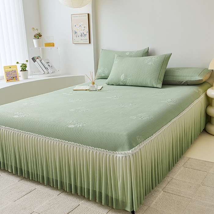 91家纺网 家纺一手货源 找家纺 梵克保罗 2025新款3D冰感床裙渐变色凉席-叶叶生歌 茶花之恋-水绿