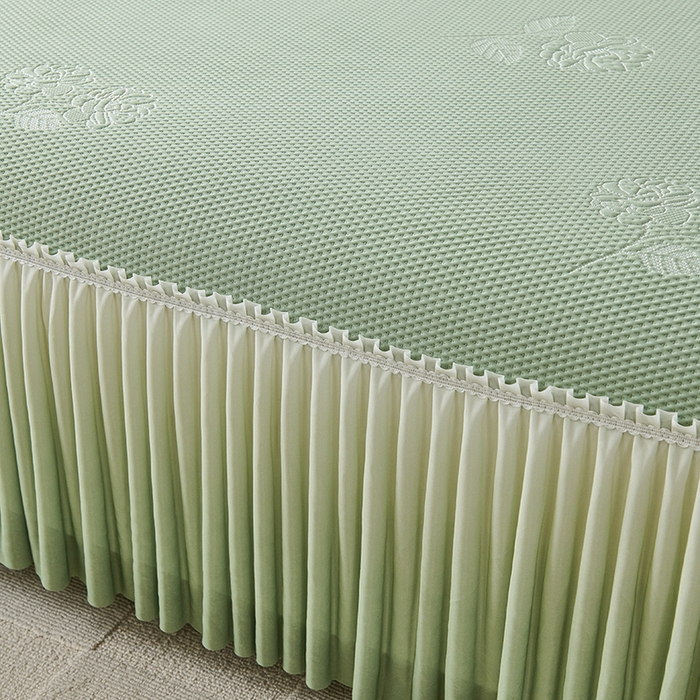 91家纺网 家纺一手货源 找家纺 梵克保罗 2025新款3D冰感床裙渐变色凉席-叶叶生歌 茶花之恋-水绿