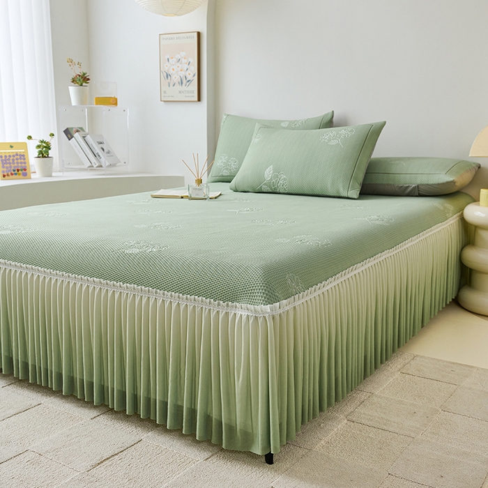 91家纺网 家纺一手货源 找家纺 梵克保罗 2025新款3D冰感床裙渐变色凉席-叶叶生歌 茶花之恋-水绿