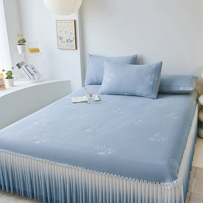 91家纺网 家纺一手货源 找家纺 梵克保罗 2025新款3D冰感床裙渐变色凉席-叶叶生歌 茶花之恋-蓝