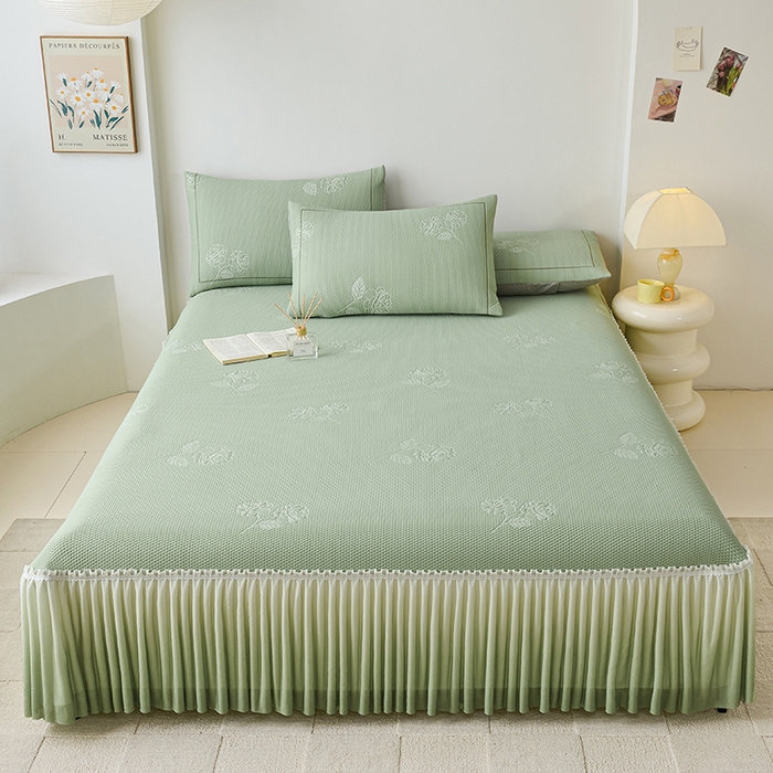 梵克保罗 2025新款3D冰感床裙渐变色凉席-叶叶生歌 茶花之恋-水绿