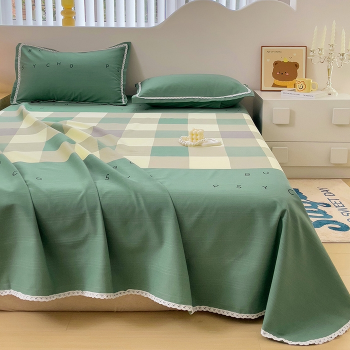 91家纺网 家纺一手货源 找家纺 梵克保罗 2025新款春夏原棉鱼骨棉老粗布花边印花床单软凉席三件套 宜家-绿