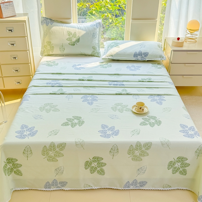 91家纺网 家纺一手货源 找家纺 梵克保罗 2025新款春夏原棉鱼骨棉老粗布花边印花床单软凉席三件套 翠叶