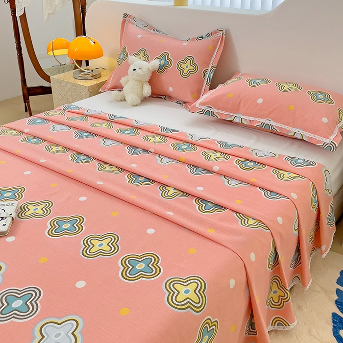 91家纺网 家纺一手货源 找家纺 梵克保罗 2025新款春夏原棉鱼骨棉老粗布花边印花床单软凉席三件套 四叶草-玉