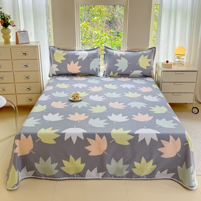 91家纺网 家纺一手货源 找家纺 梵克保罗 2025新款春夏原棉鱼骨棉老粗布花边印花床单软凉席三件套 叶韵秋眠