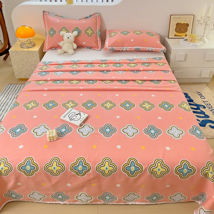 91家纺网 家纺一手货源 找家纺 梵克保罗 2025新款春夏原棉鱼骨棉老粗布花边印花床单软凉席三件套 四叶草-玉