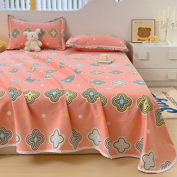 91家纺网 家纺一手货源 找家纺 梵克保罗 2025新款春夏原棉鱼骨棉老粗布花边印花床单软凉席三件套 四叶草-玉