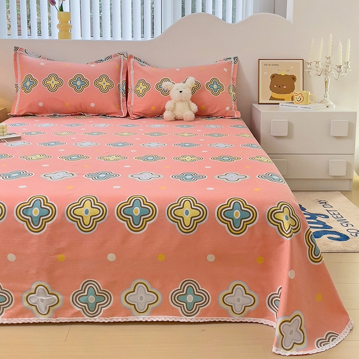 91家纺网 家纺一手货源 找家纺 梵克保罗 2025新款春夏原棉鱼骨棉老粗布花边印花床单软凉席三件套 四叶草-玉