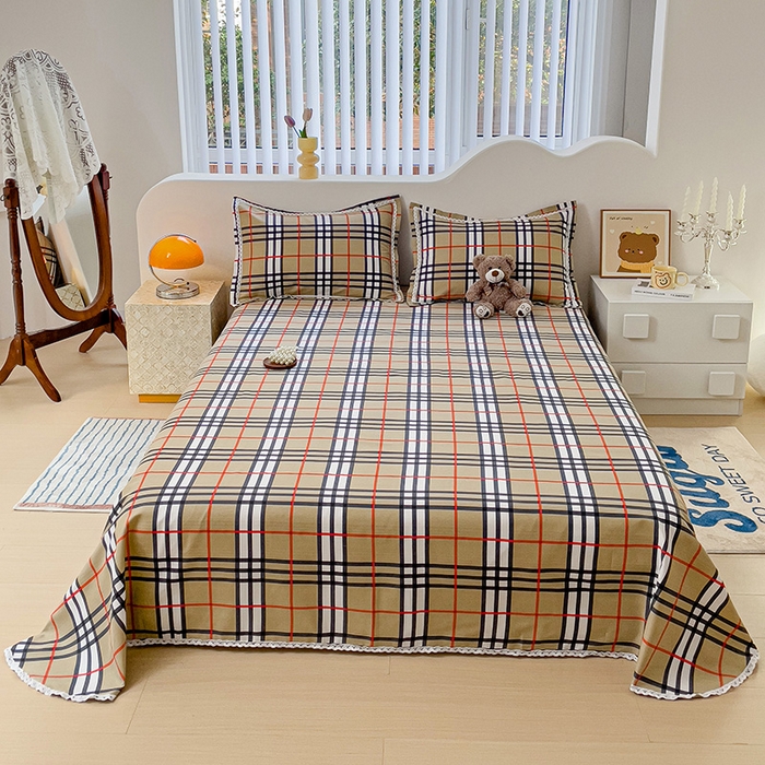 梵克保罗 2025新款春夏原棉鱼骨棉老粗布花边印花床单软凉席三件套 英伦时尚