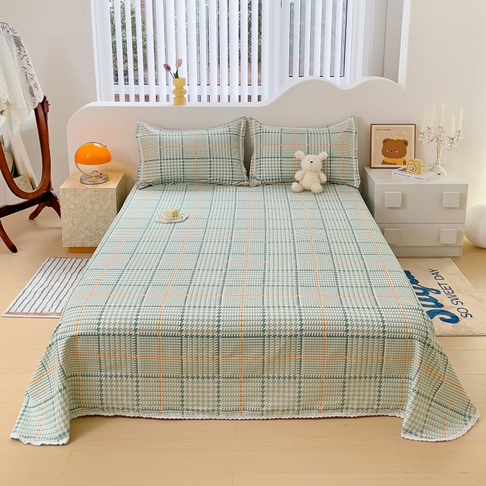 梵克保罗 2025新款春夏原棉鱼骨棉老粗布花边印花床单软凉席三件套 千鸟格