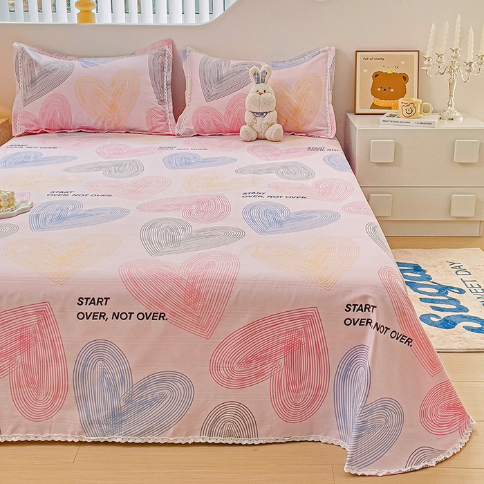 91家纺网 家纺一手货源 找家纺 梵克保罗 2025新款春夏原棉鱼骨棉老粗布花边印花床单软凉席三件套 心动-粉