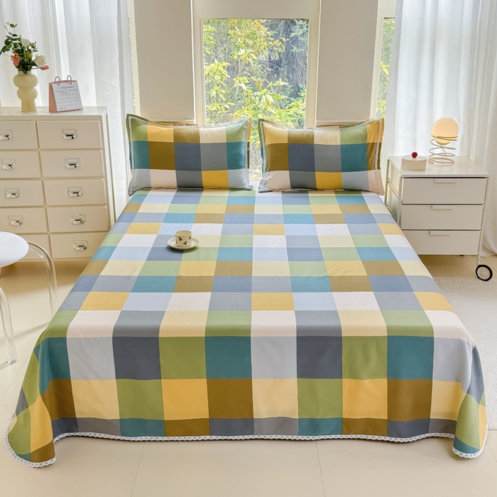 梵克保罗 2025新款春夏原棉鱼骨棉老粗布花边印花床单软凉席三件套 格林