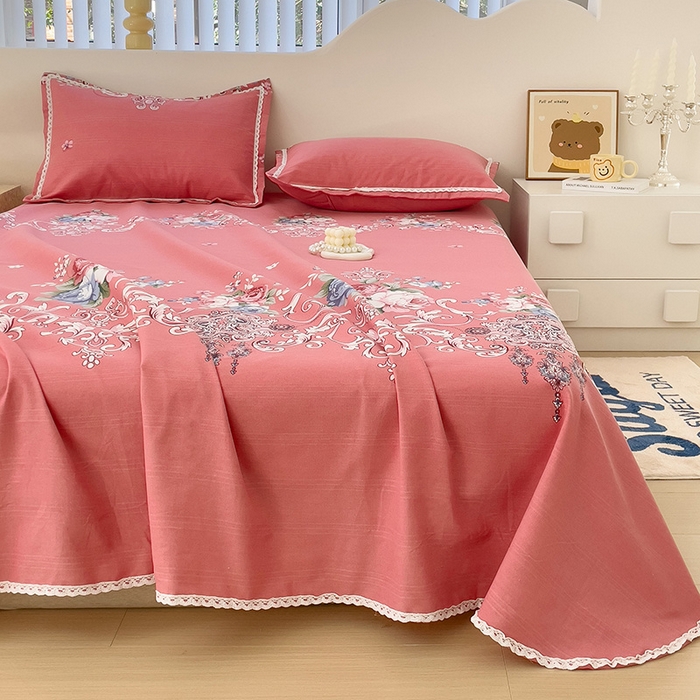 91家纺网 家纺一手货源 找家纺 梵克保罗 2025新款春夏原棉鱼骨棉老粗布花边印花床单软凉席三件套 欧式风情-粉