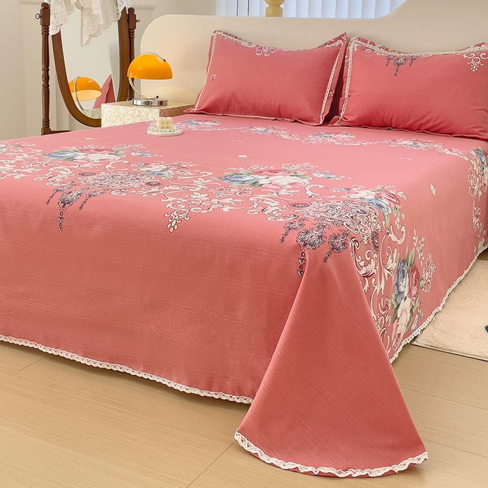 91家纺网 家纺一手货源 找家纺 梵克保罗 2025新款春夏原棉鱼骨棉老粗布花边印花床单软凉席三件套 欧式风情-粉