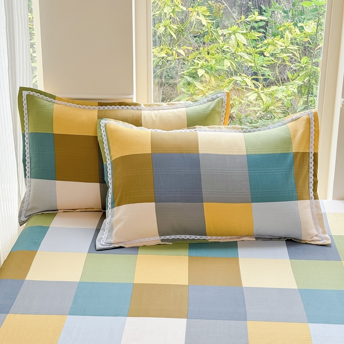 91家纺网 家纺一手货源 找家纺 梵克保罗 2025新款春夏原棉鱼骨棉老粗布花边印花床单软凉席三件套 格林