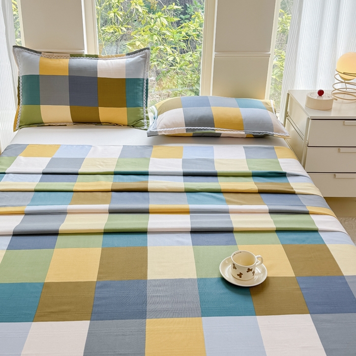 91家纺网 家纺一手货源 找家纺 梵克保罗 2025新款春夏原棉鱼骨棉老粗布花边印花床单软凉席三件套 格林