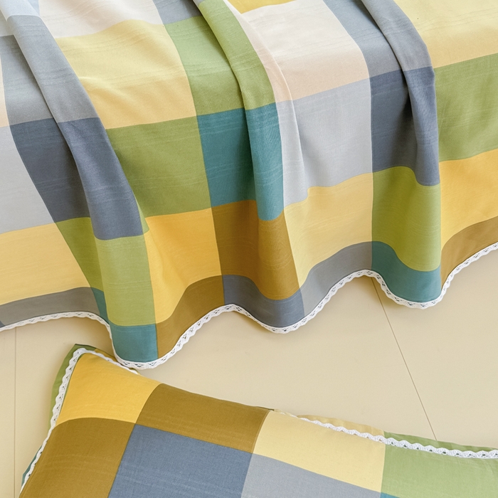 91家纺网 家纺一手货源 找家纺 梵克保罗 2025新款春夏原棉鱼骨棉老粗布花边印花床单软凉席三件套 格林