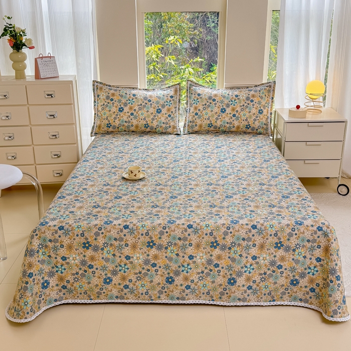 梵克保罗 2025新款春夏原棉鱼骨棉老粗布花边印花床单软凉席三件套 陌上花吟