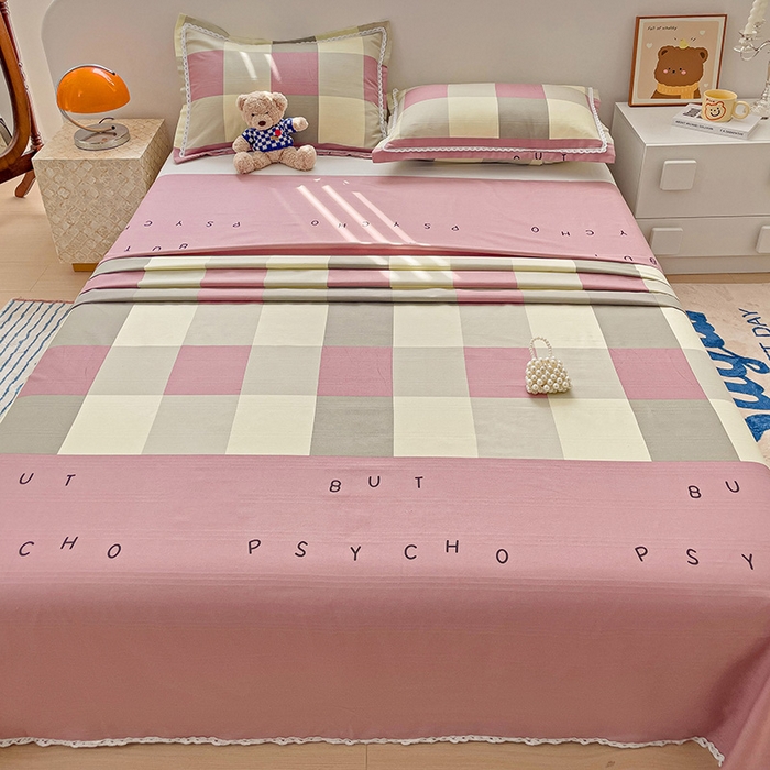 91家纺网 家纺一手货源 找家纺 梵克保罗 2025新款春夏原棉鱼骨棉老粗布花边印花床单软凉席三件套 宜家-粉