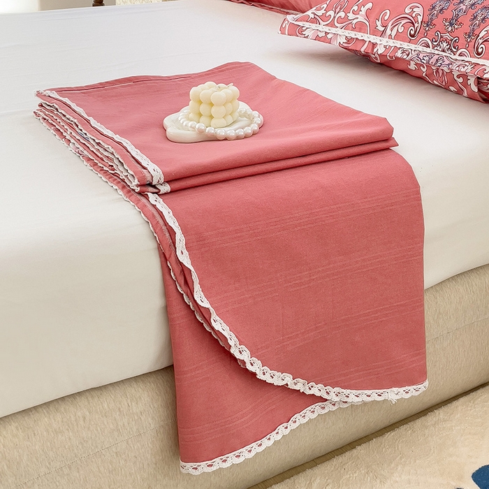 91家纺网 家纺一手货源 找家纺 梵克保罗 2025新款春夏原棉鱼骨棉老粗布花边印花床单软凉席三件套 欧式风情-粉