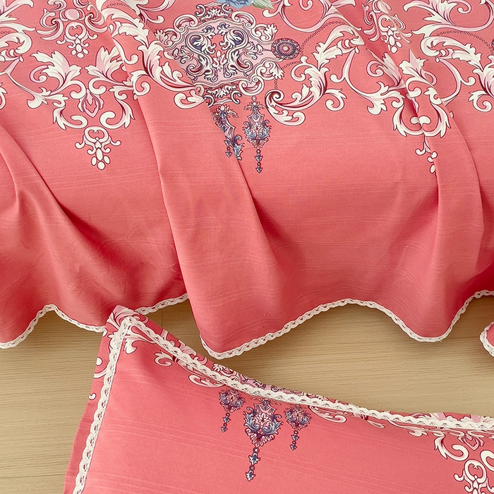 91家纺网 家纺一手货源 找家纺 梵克保罗 2025新款春夏原棉鱼骨棉老粗布花边印花床单软凉席三件套 欧式风情-粉