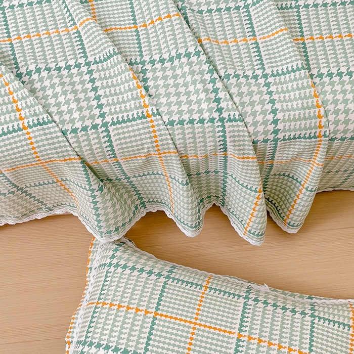 91家纺网 家纺一手货源 找家纺 梵克保罗 2025新款春夏原棉鱼骨棉老粗布花边印花床单软凉席三件套 千鸟格