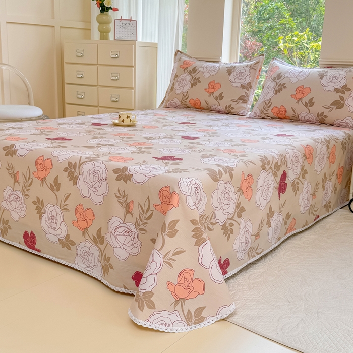 91家纺网 家纺一手货源 找家纺 梵克保罗 2025新款春夏原棉鱼骨棉老粗布花边印花床单软凉席三件套 玫瑰