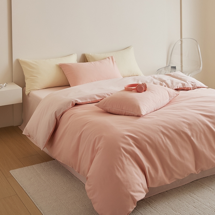 91家纺网 家纺一手货源 找家纺 眷恋家纺 2025新款A类全棉贡缎磨毛双拼色四件套 粉恋