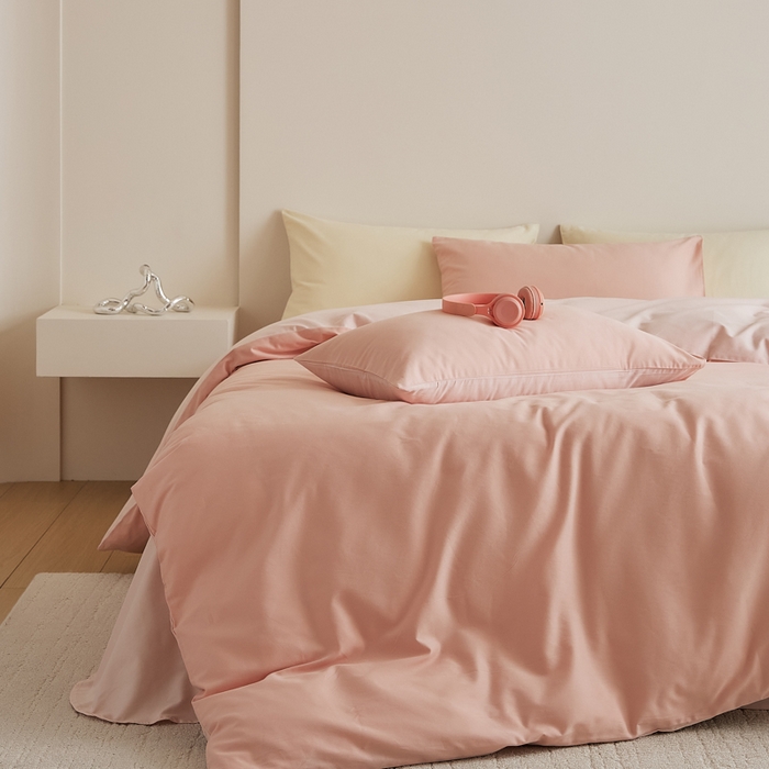 91家纺网 家纺一手货源 找家纺 眷恋家纺 2025新款A类全棉贡缎磨毛双拼色四件套 粉恋