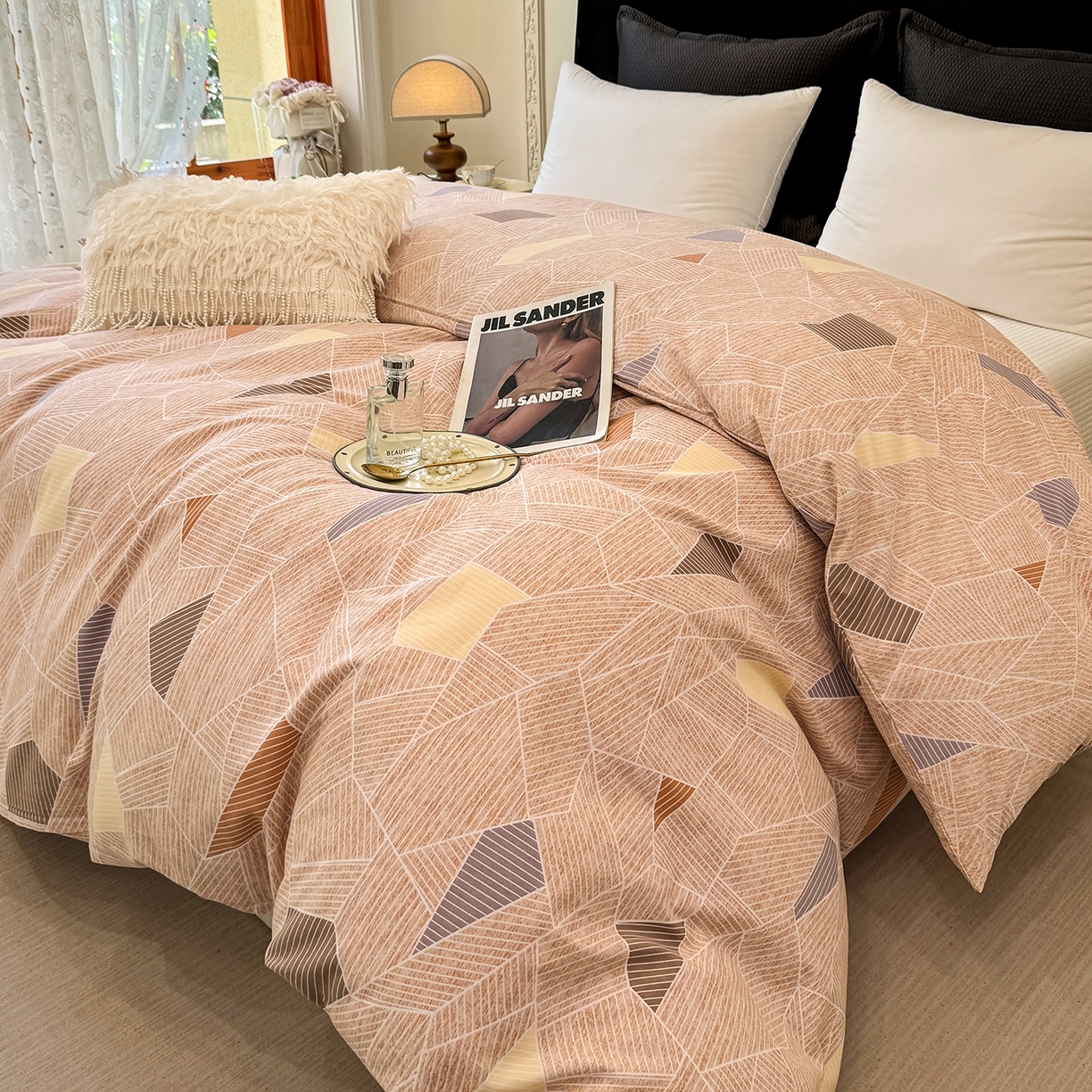 91家纺网 家纺一手货源 找家纺 壹贝家纺 2025新款A类100%全棉纯棉磨毛被套单被套被套单件 记忆碎片-咖