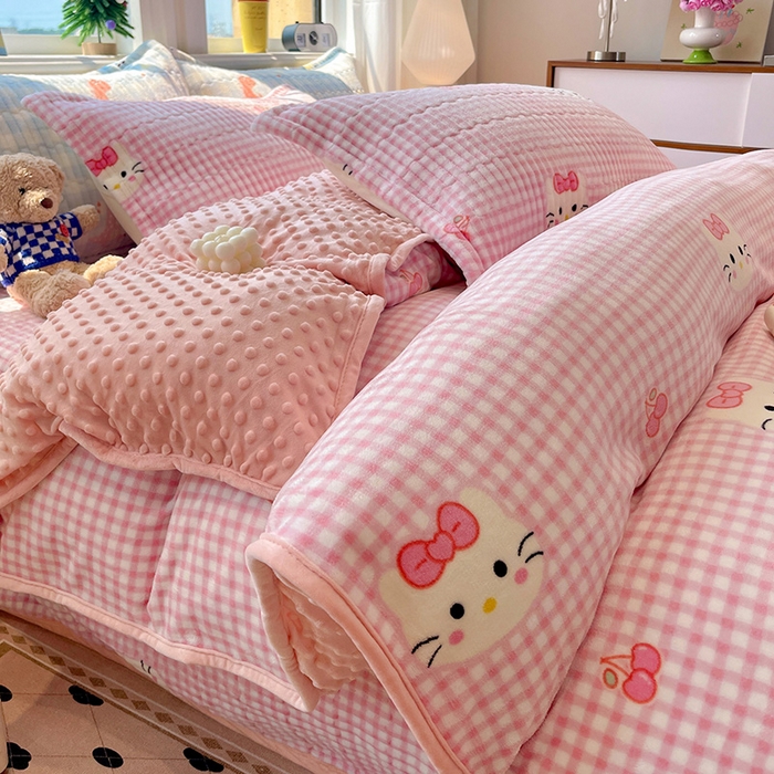 91家纺网 家纺一手货源 找家纺 元熙 2025新款印花小清新韩国绒牛奶绒豆豆床盖四件套 KT猫,KT猫