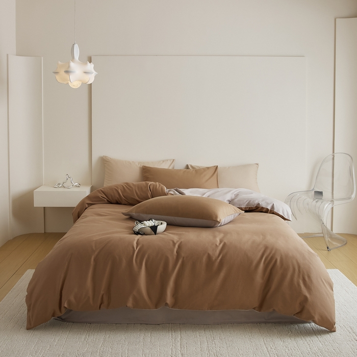 眷恋家纺 2025新款A类全棉贡缎磨毛双拼色四件套 桦茶
