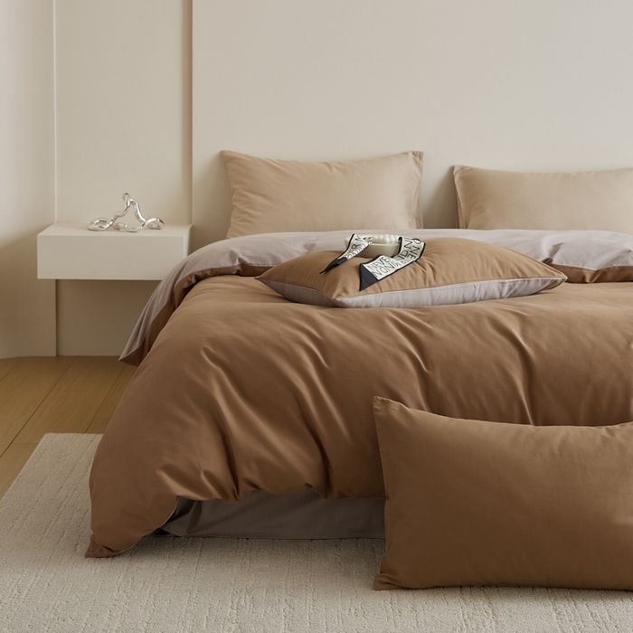 91家纺网 家纺一手货源 找家纺 眷恋家纺 2025新款A类全棉贡缎磨毛双拼色四件套 桦茶