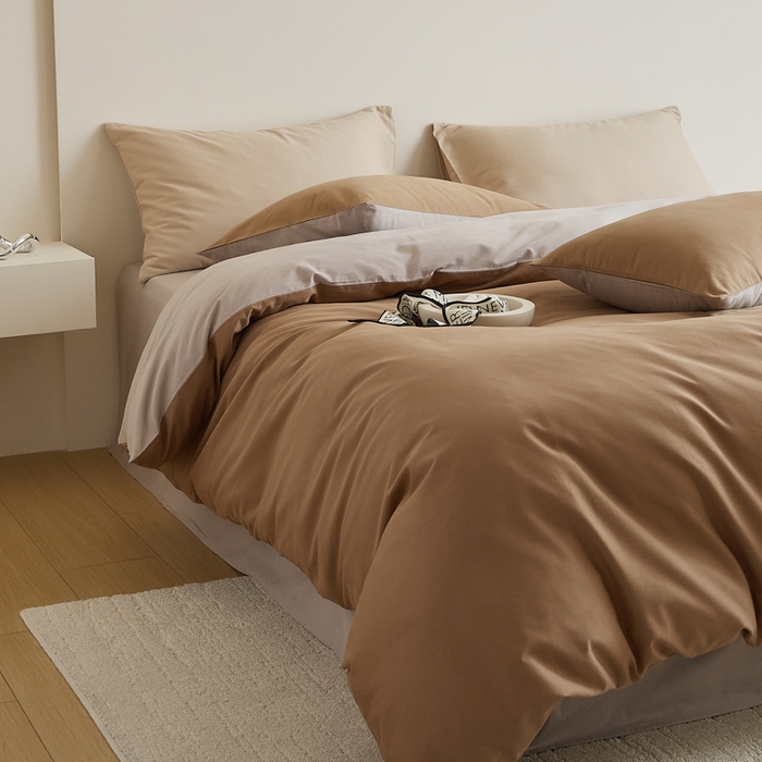 91家纺网 家纺一手货源 找家纺 眷恋家纺 2025新款A类全棉贡缎磨毛双拼色四件套 桦茶