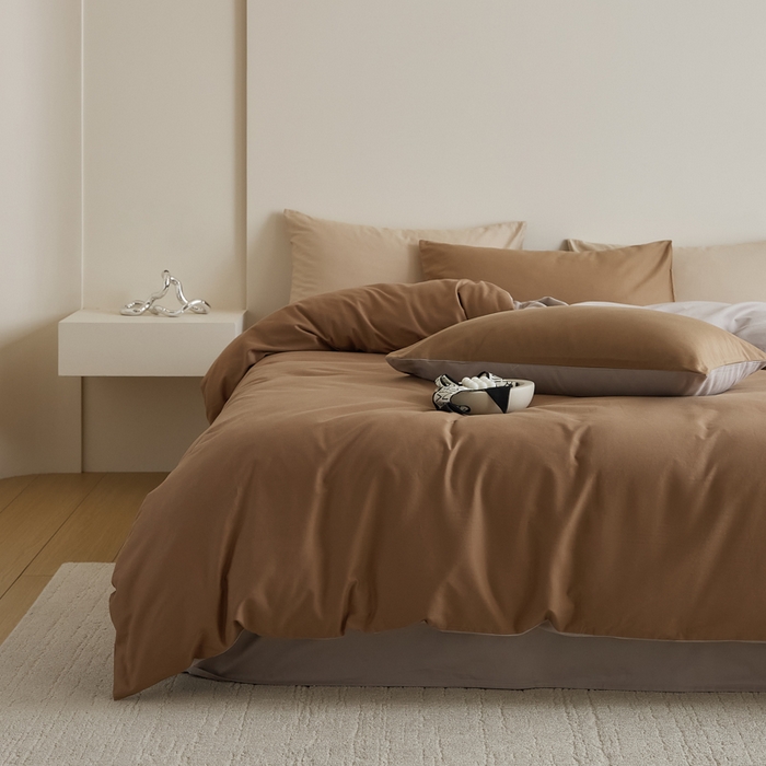 91家纺网 家纺一手货源 找家纺 眷恋家纺 2025新款A类全棉贡缎磨毛双拼色四件套 桦茶