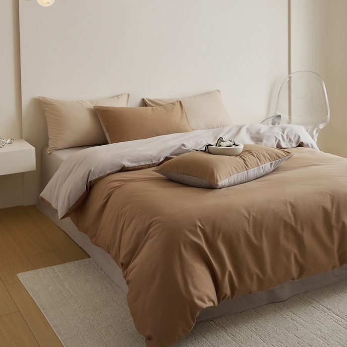 91家纺网 家纺一手货源 找家纺 眷恋家纺 2025新款A类全棉贡缎磨毛双拼色四件套 桦茶