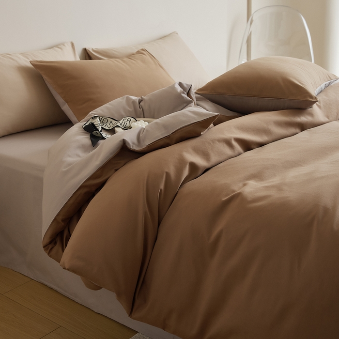 91家纺网 家纺一手货源 找家纺 眷恋家纺 2025新款A类全棉贡缎磨毛双拼色四件套 桦茶