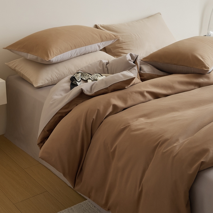 91家纺网 家纺一手货源 找家纺 眷恋家纺 2025新款A类全棉贡缎磨毛双拼色四件套 桦茶