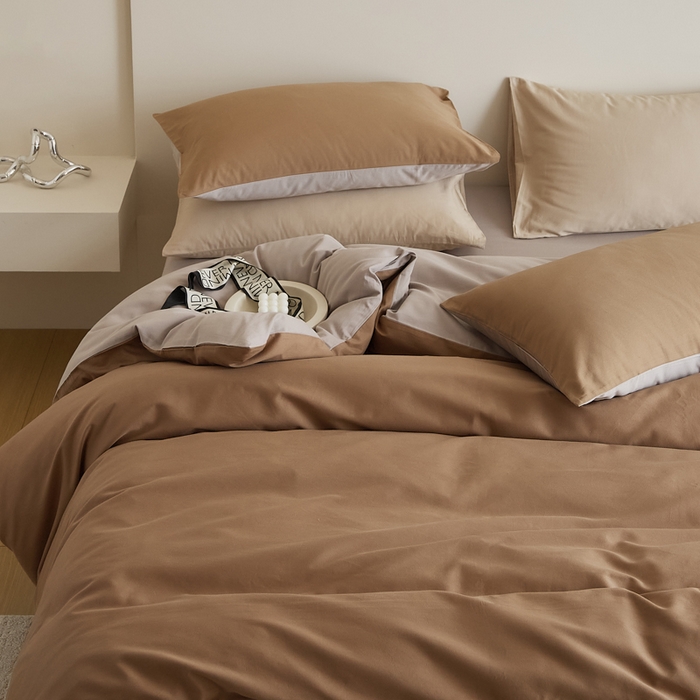 91家纺网 家纺一手货源 找家纺 眷恋家纺 2025新款A类全棉贡缎磨毛双拼色四件套 桦茶