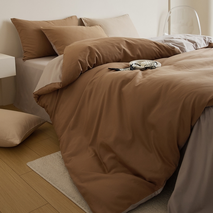 91家纺网 家纺一手货源 找家纺 眷恋家纺 2025新款A类全棉贡缎磨毛双拼色四件套 桦茶