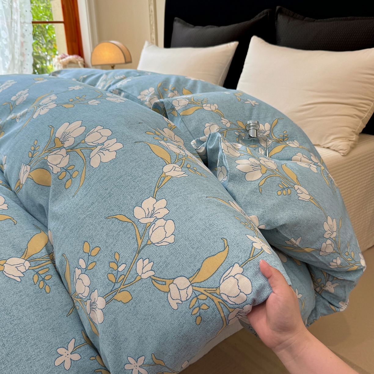 91家纺网 家纺一手货源 找家纺 壹贝家纺 2025新款A类100%全棉纯棉磨毛被套单被套被套单件 蓝莲花