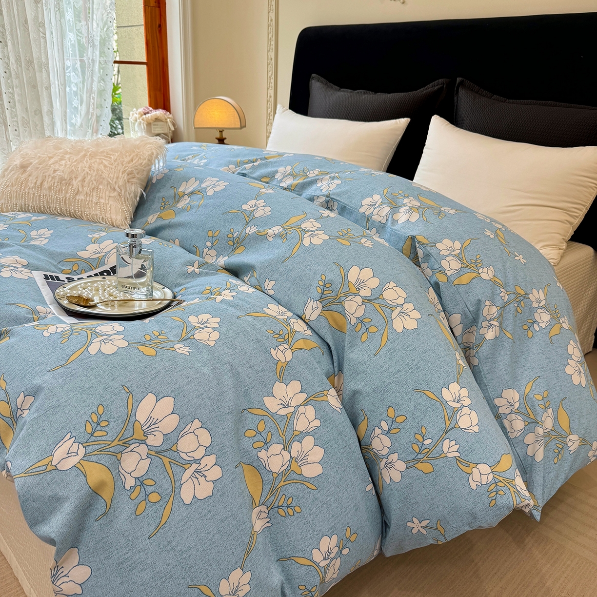 91家纺网 家纺一手货源 找家纺 壹贝家纺 2025新款A类100%全棉纯棉磨毛被套单被套被套单件 蓝莲花