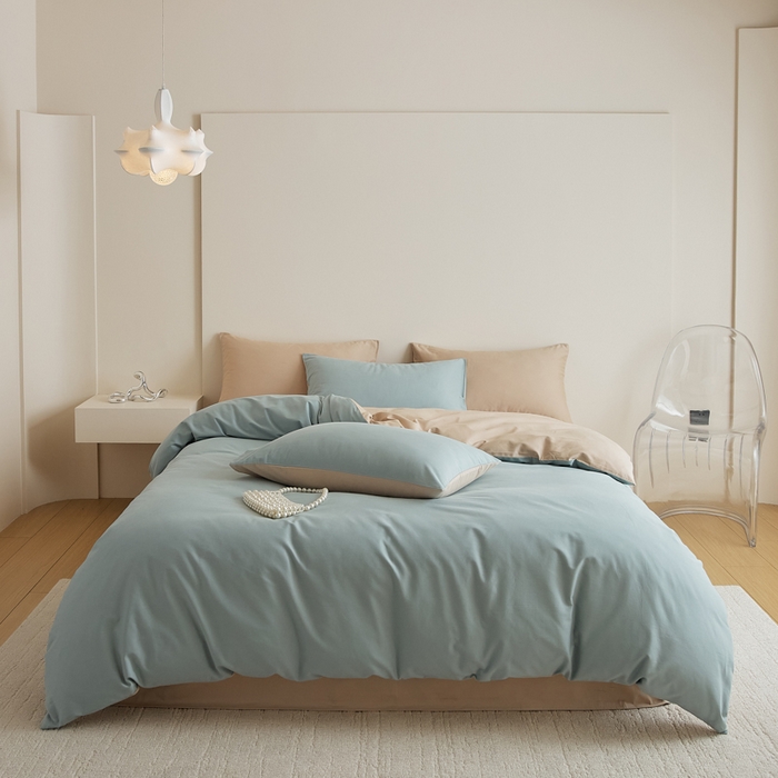 眷恋家纺 2025新款A类全棉贡缎磨毛双拼色四件套 蓝黛