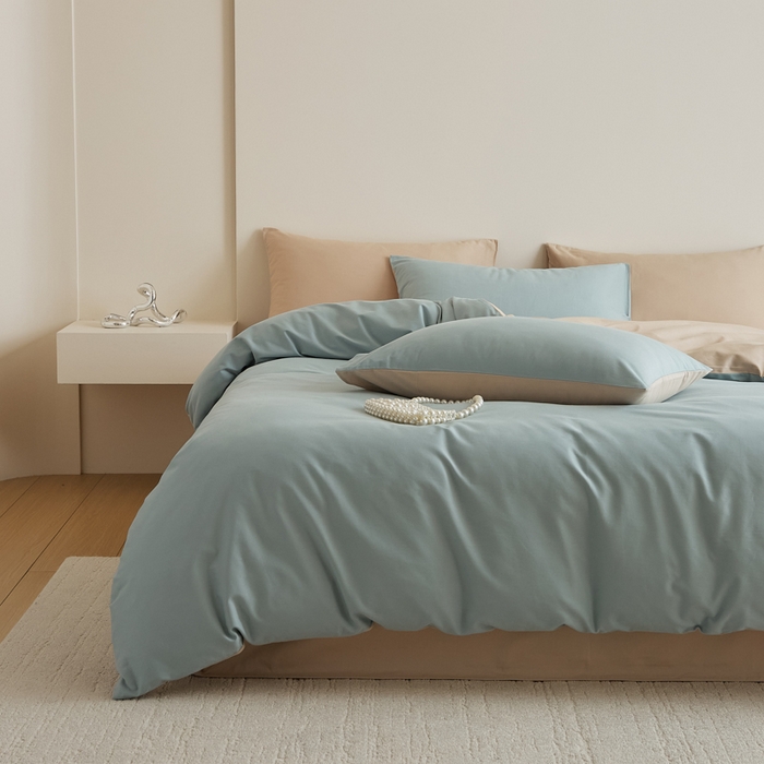 91家纺网 家纺一手货源 找家纺 眷恋家纺 2025新款A类全棉贡缎磨毛双拼色四件套 蓝黛