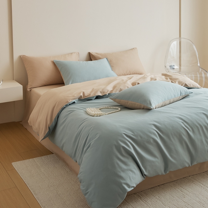 91家纺网 家纺一手货源 找家纺 眷恋家纺 2025新款A类全棉贡缎磨毛双拼色四件套 蓝黛