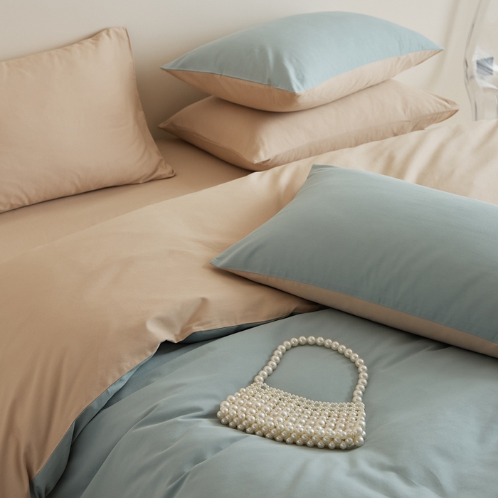 91家纺网 家纺一手货源 找家纺 眷恋家纺 2025新款A类全棉贡缎磨毛双拼色四件套 蓝黛