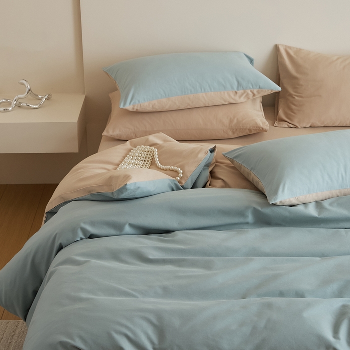 91家纺网 家纺一手货源 找家纺 眷恋家纺 2025新款A类全棉贡缎磨毛双拼色四件套 蓝黛