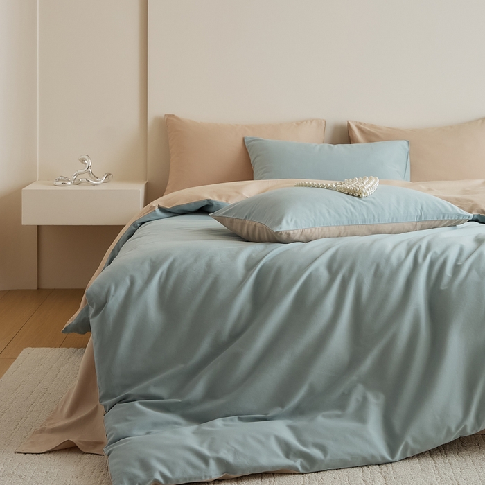 91家纺网 家纺一手货源 找家纺 眷恋家纺 2025新款A类全棉贡缎磨毛双拼色四件套 蓝黛